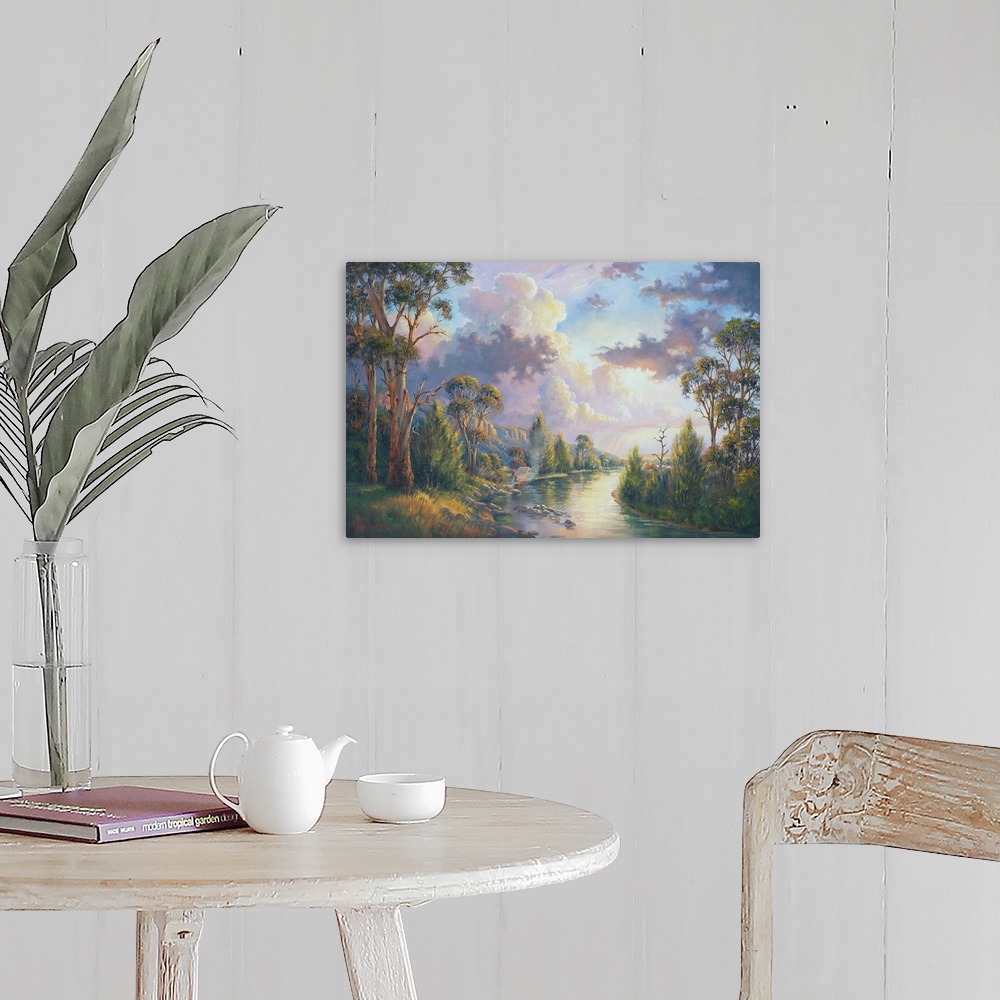 A farmhouse room featuring Contemporary painting of an idyllic river scene with massive clouds hovering overhead.