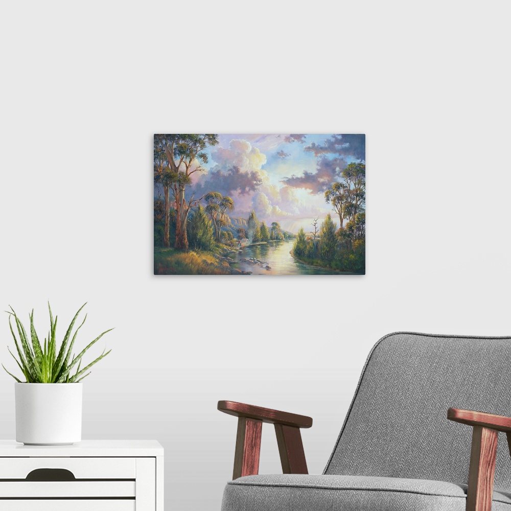 A modern room featuring Contemporary painting of an idyllic river scene with massive clouds hovering overhead.