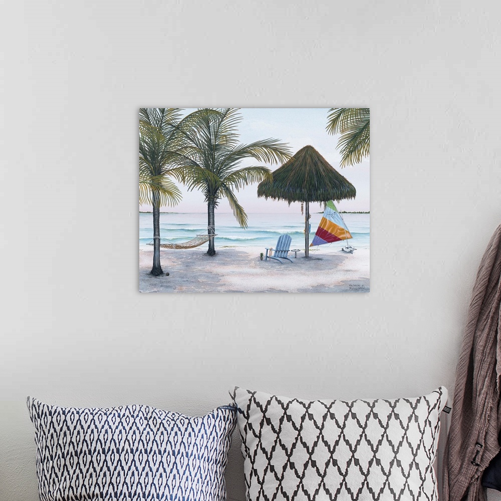 A bohemian room featuring Painting of a thatched umbrella on a tropical beach.