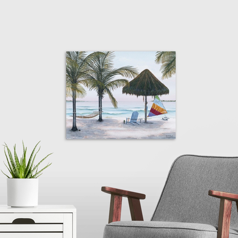 A modern room featuring Painting of a thatched umbrella on a tropical beach.