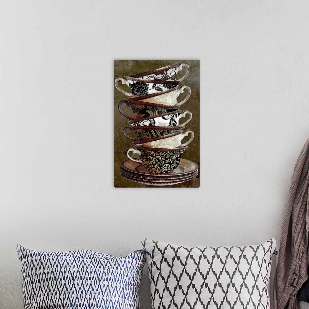 A bohemian room featuring Giant vertical artwork of eight decorative teacups stacked on a small pile of saucers, against a ...