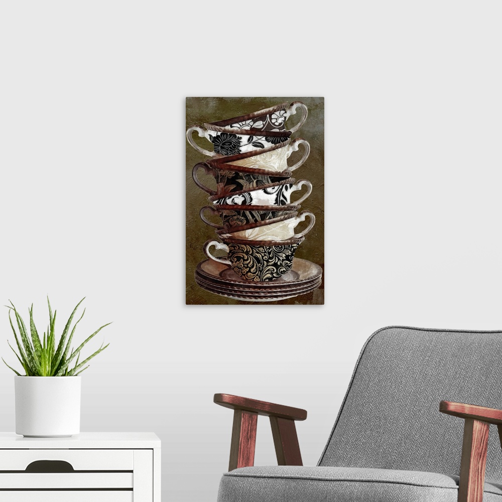 A modern room featuring Giant vertical artwork of eight decorative teacups stacked on a small pile of saucers, against a ...