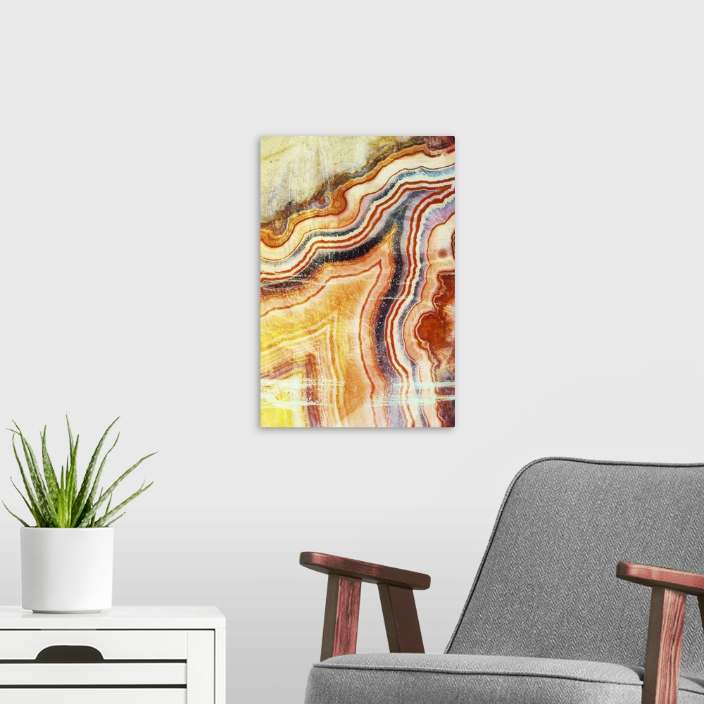 A modern room featuring Warm toned agate digital art made up of tiny swirls.