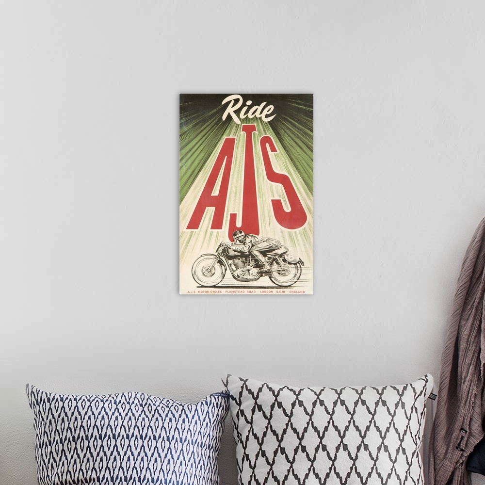 A bohemian room featuring Vintage advertisement for AJS Motorcycles.