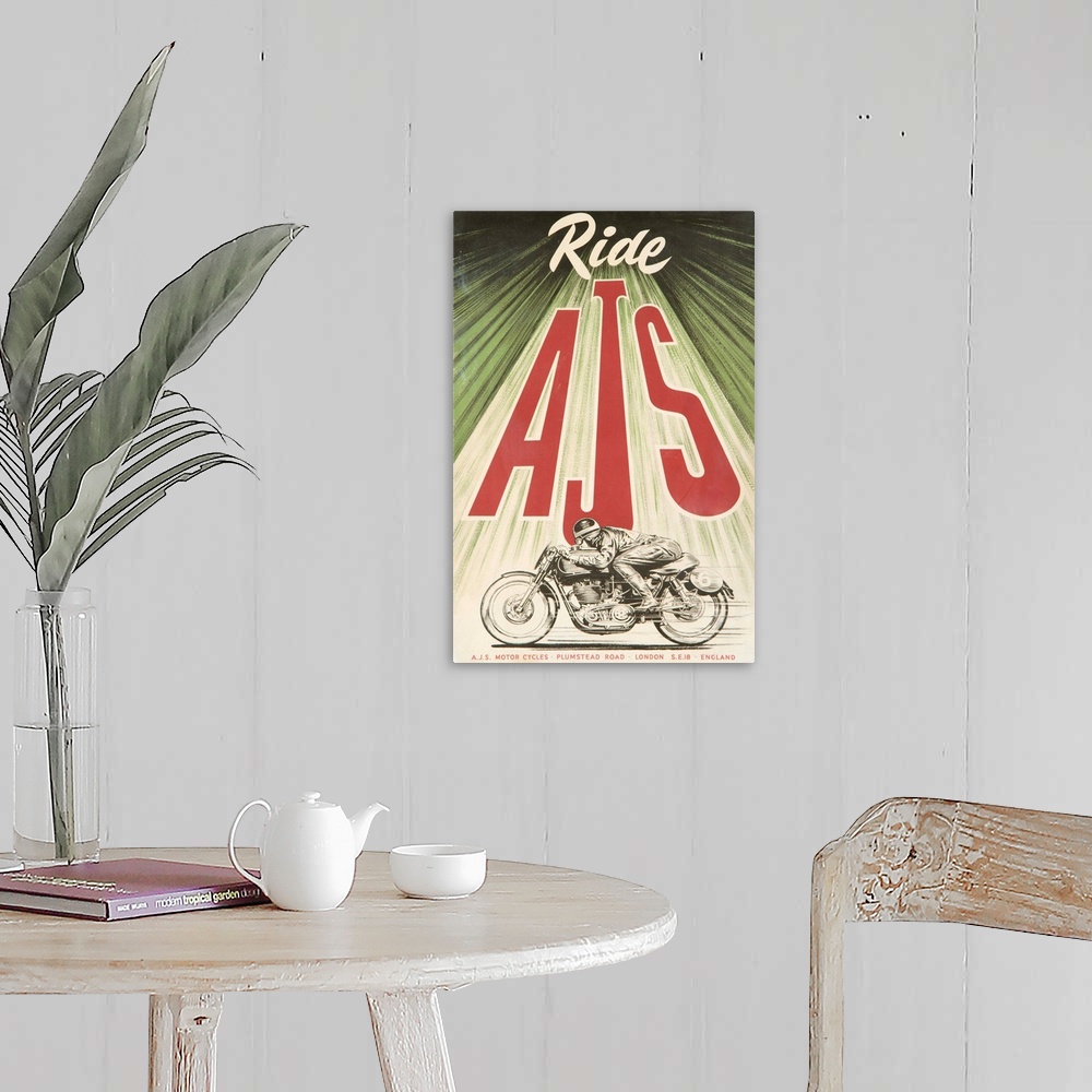 A farmhouse room featuring Vintage advertisement for AJS Motorcycles.