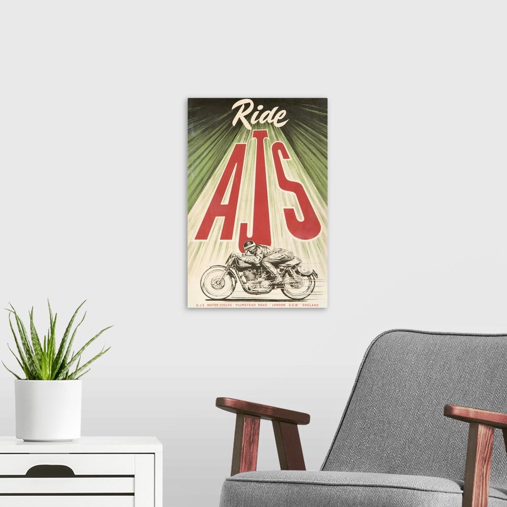 A modern room featuring Vintage advertisement for AJS Motorcycles.