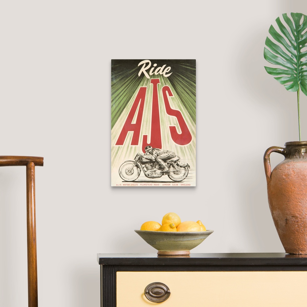 A traditional room featuring Vintage advertisement for AJS Motorcycles.