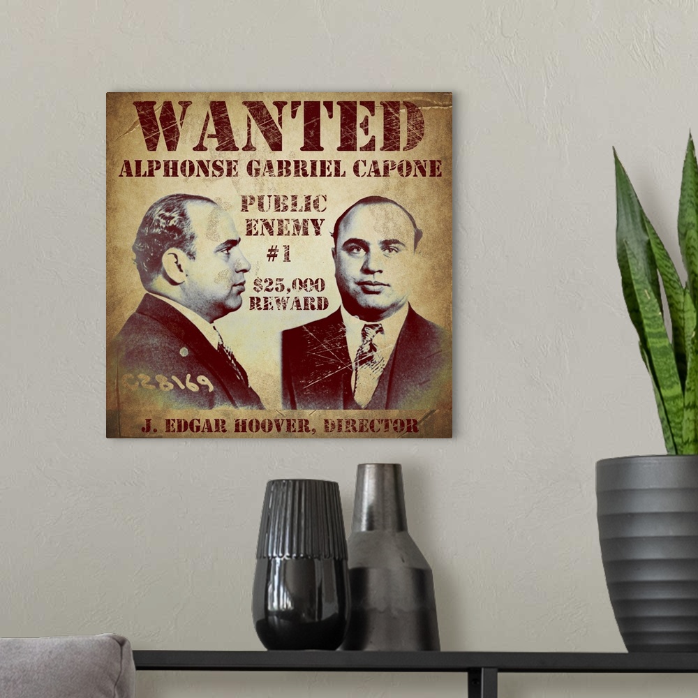 A modern room featuring Al Capone Wanted Poster