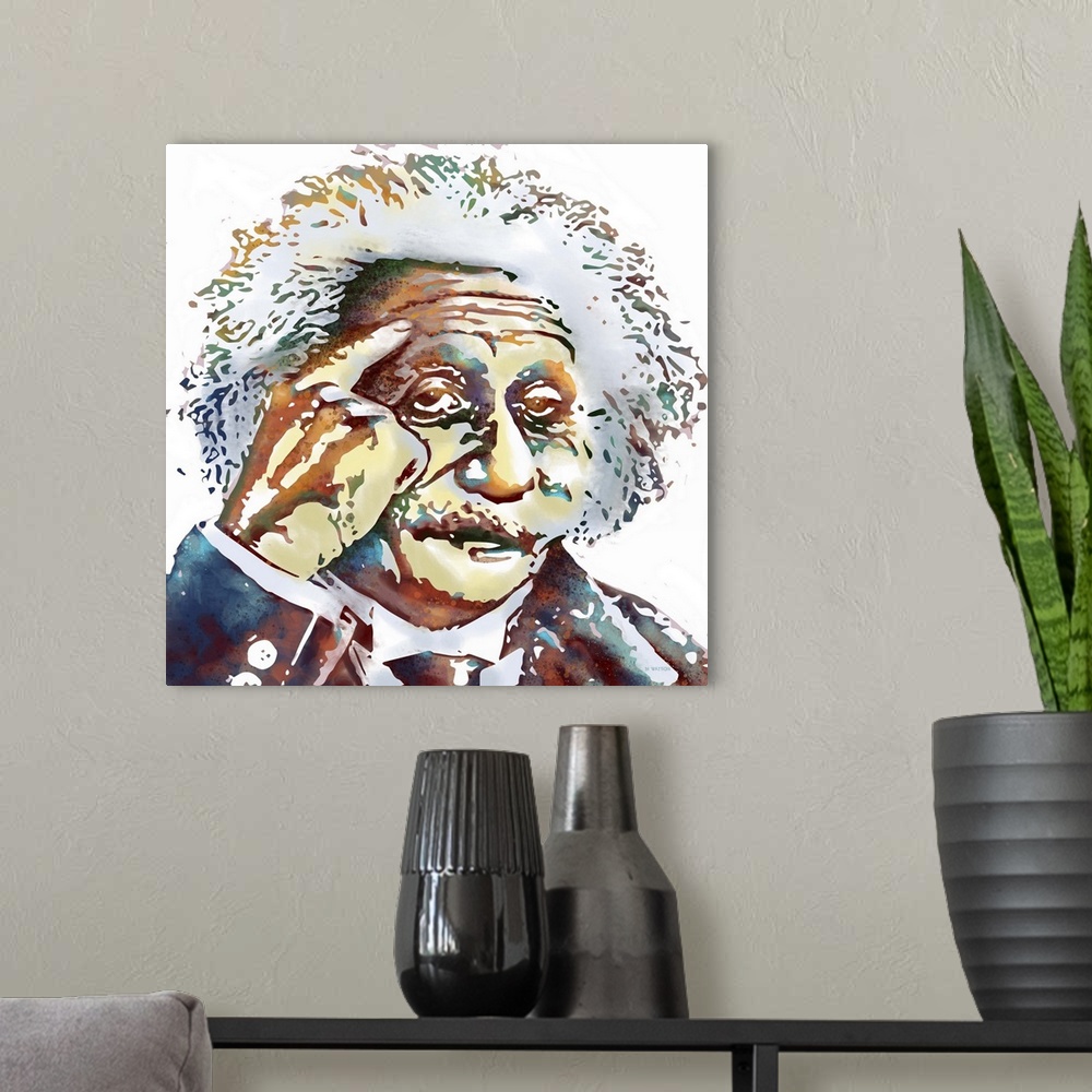 A modern room featuring Contemporary colorful portrait of Albert Einstein.