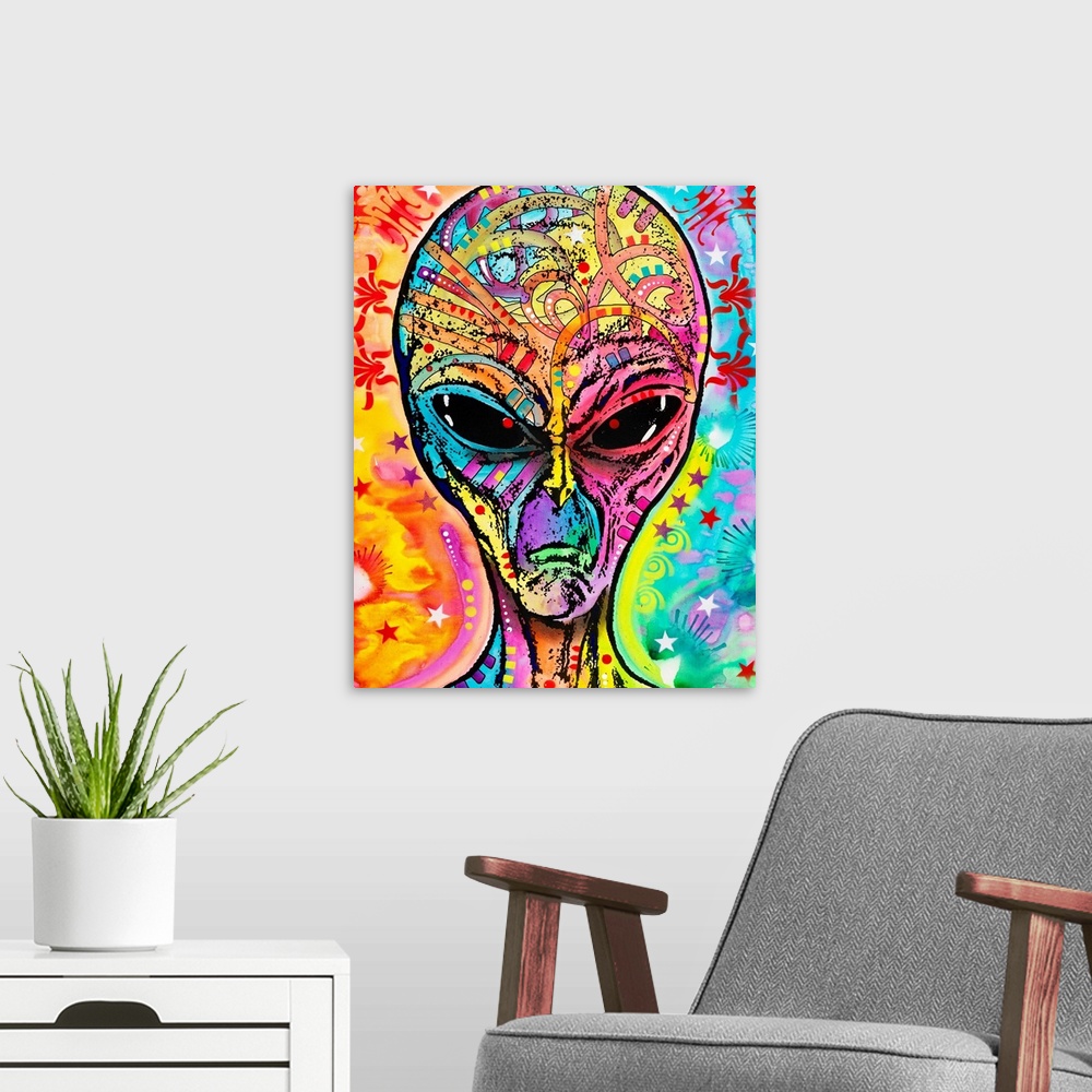 A modern room featuring Colorful painting of an alien with abstract markings all over.