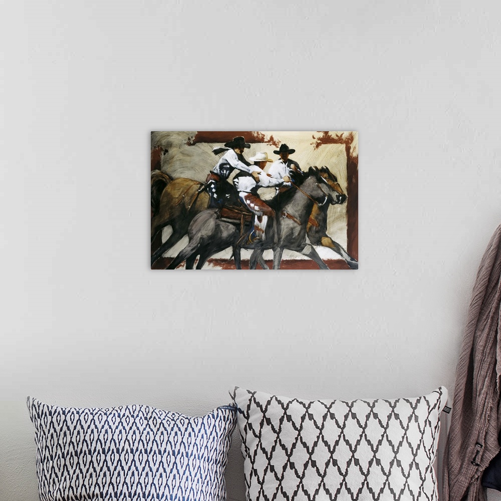 A bohemian room featuring Western themed contemporary painting of cowboys on horseback.