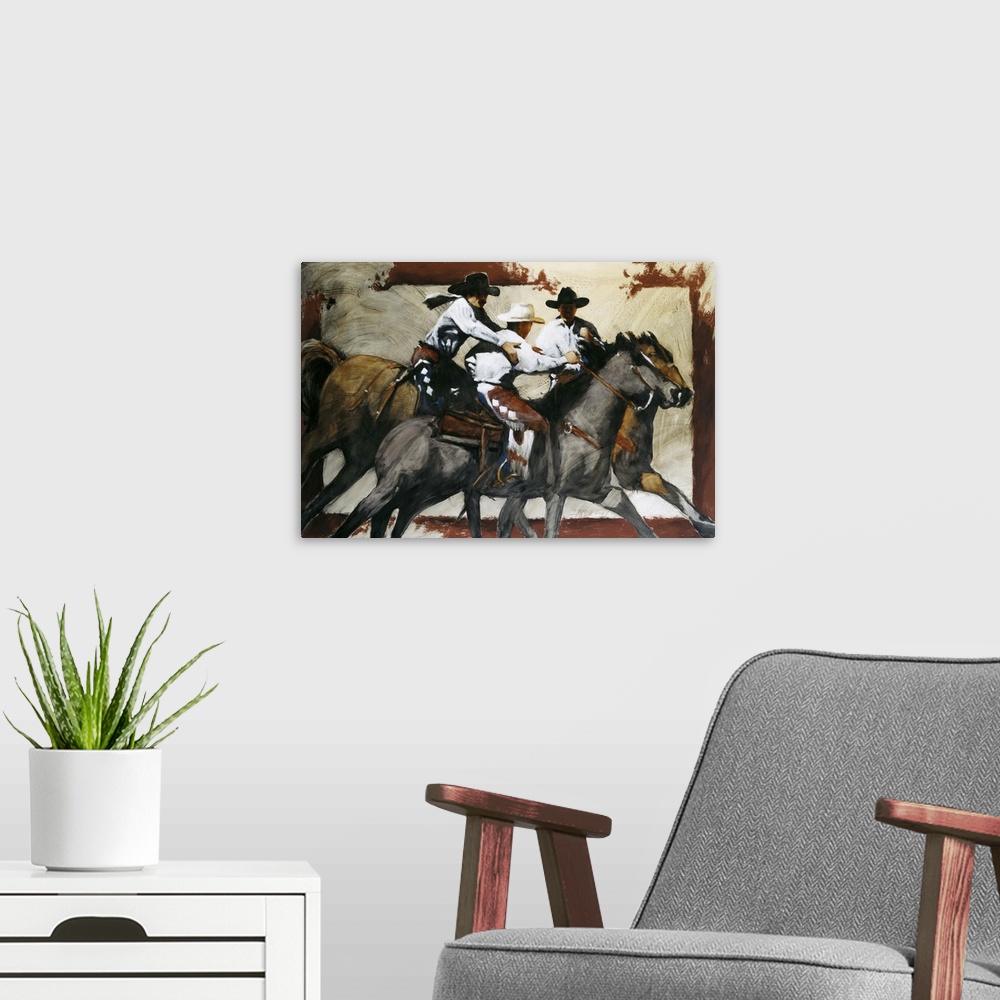 A modern room featuring Western themed contemporary painting of cowboys on horseback.