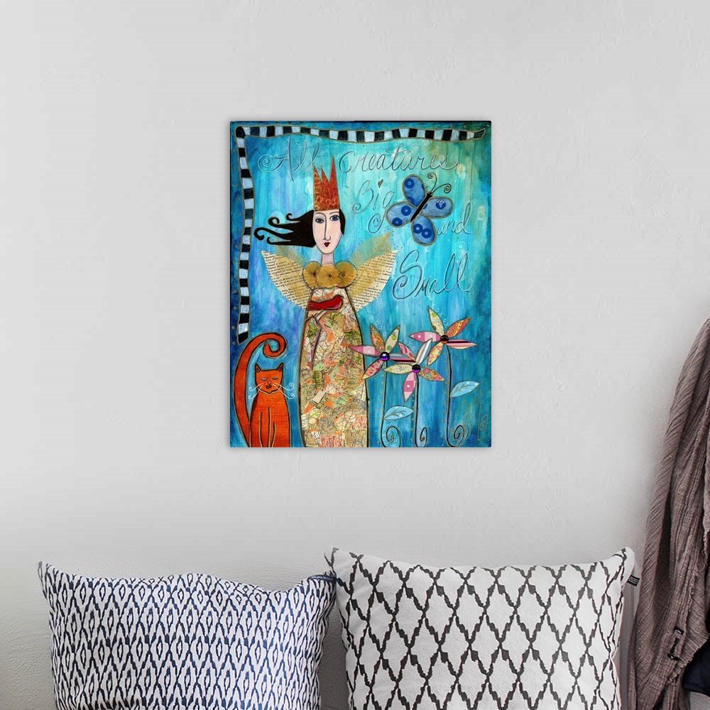 A bohemian room featuring A woman with wings and a crown with an orange cat and a blue butterfly.