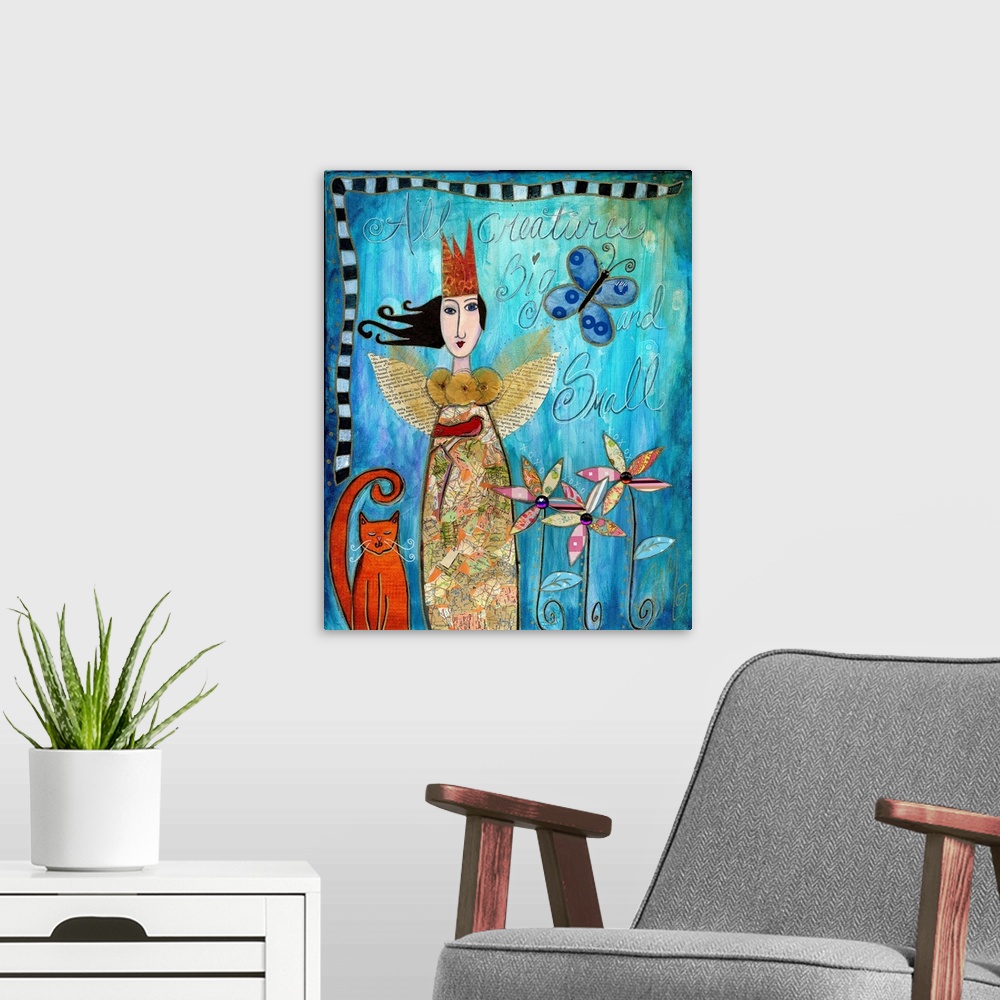 A modern room featuring A woman with wings and a crown with an orange cat and a blue butterfly.