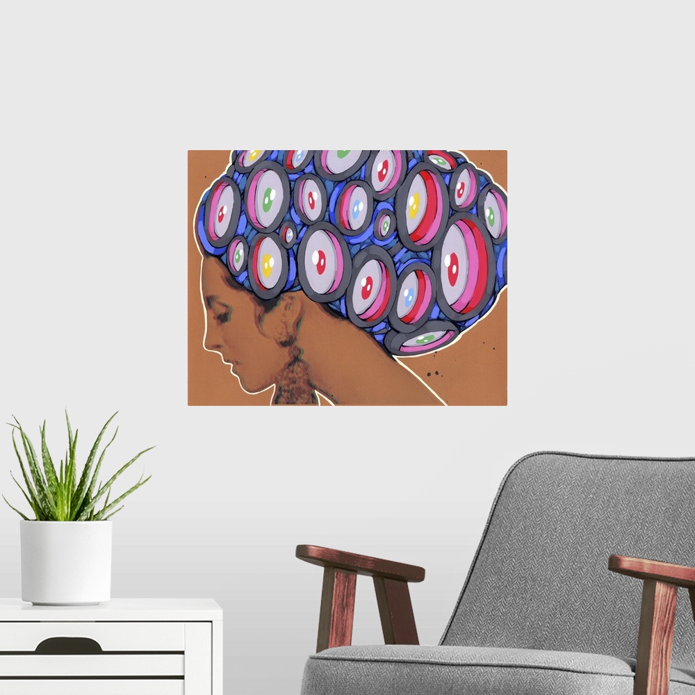 A modern room featuring Pop art painting of a woman with large staring eyes in her hair.