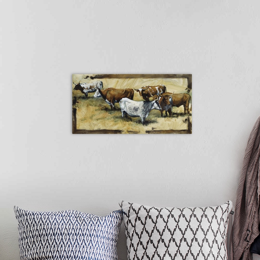 A bohemian room featuring Contemporary western theme painting of a bull grazing.