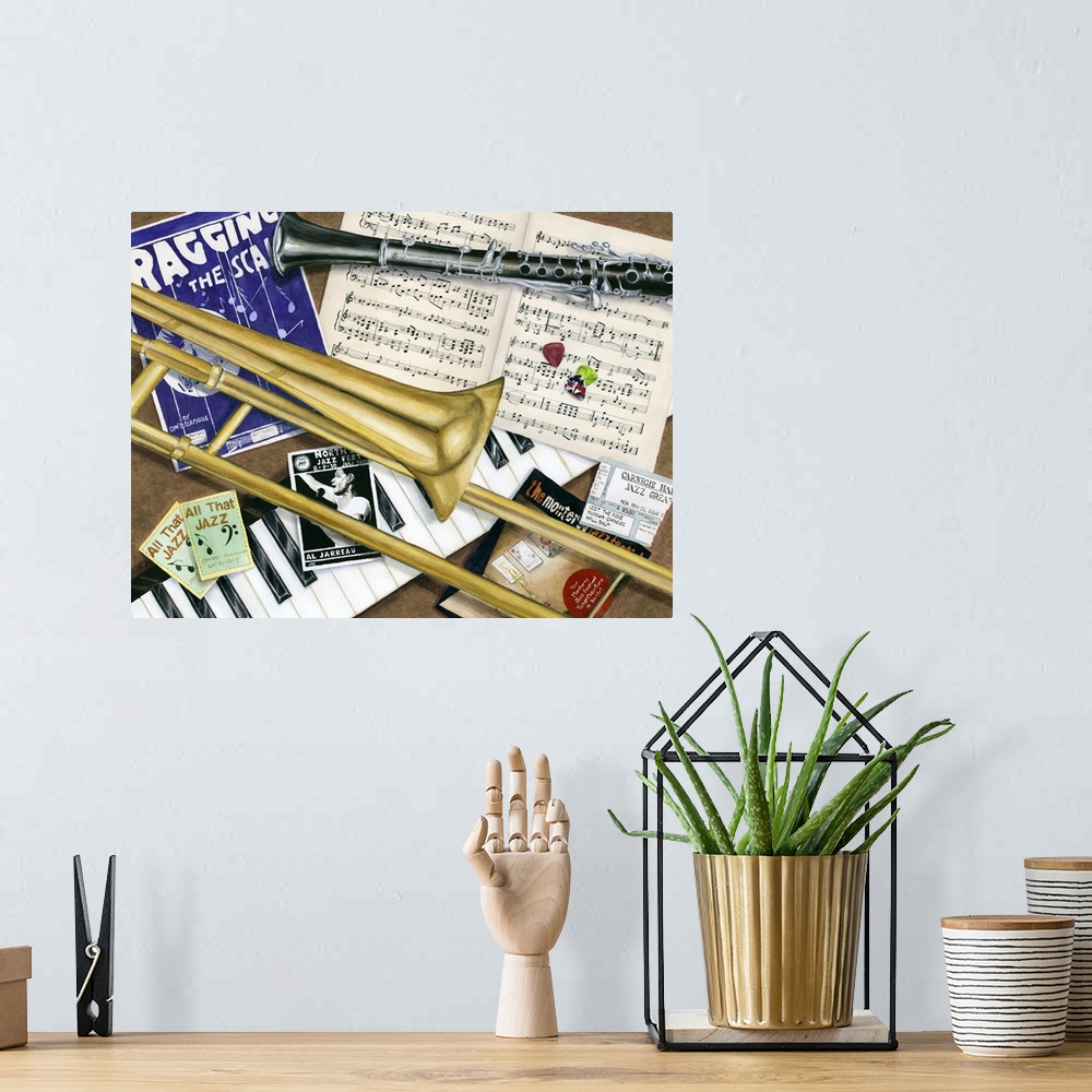 A bohemian room featuring Contemporary colorful still-life painting of instruments and jazz sheet music.
