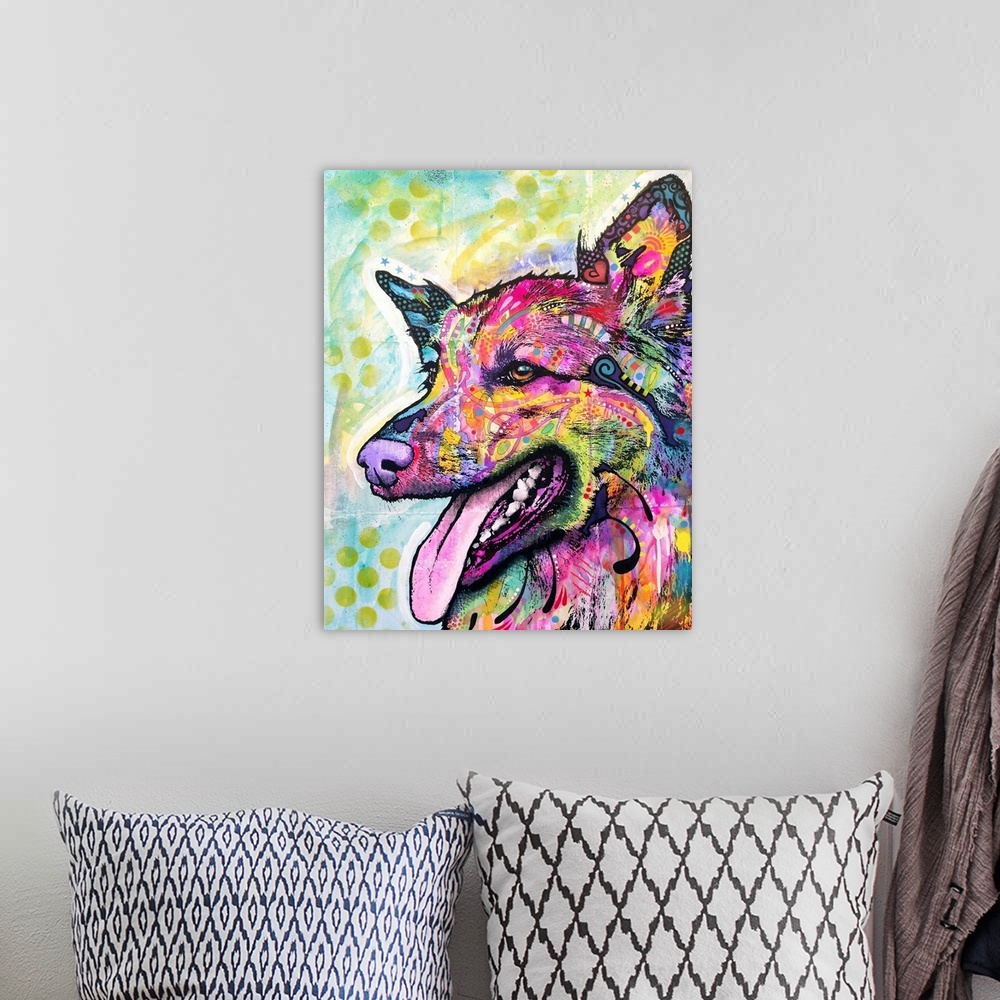 A bohemian room featuring Contemporary painting of a colorful Belgian Sheepdog with graffiti like designs all over.