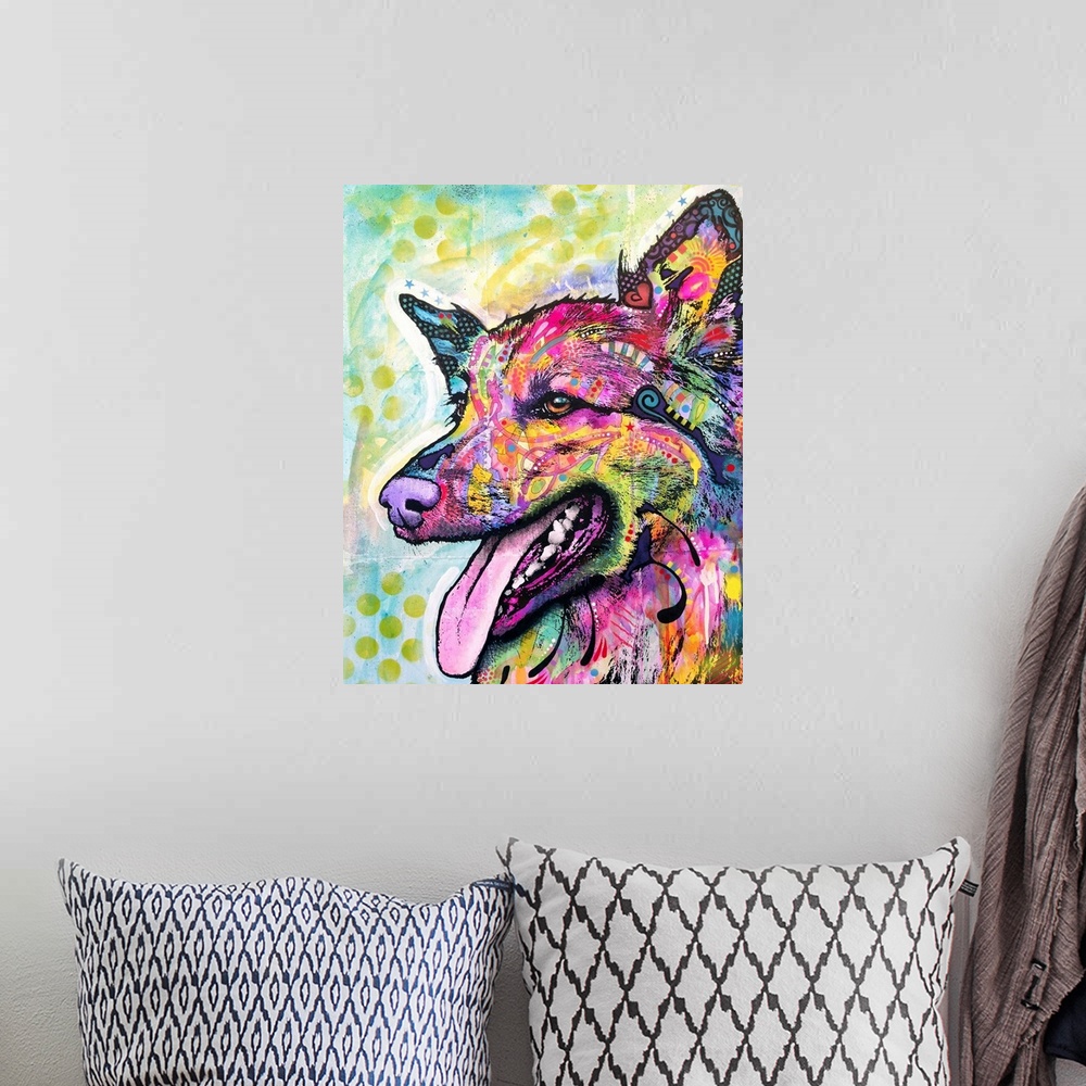 A bohemian room featuring Contemporary painting of a colorful Belgian Sheepdog with graffiti like designs all over.