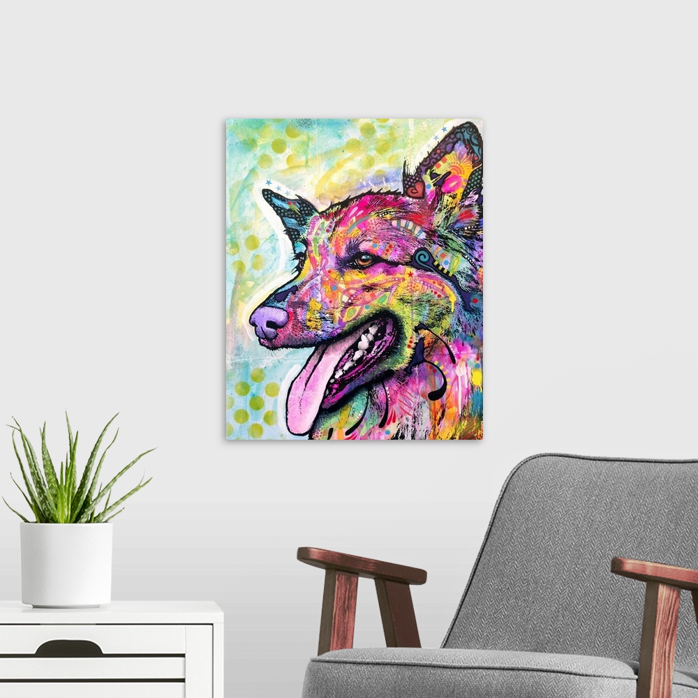 A modern room featuring Contemporary painting of a colorful Belgian Sheepdog with graffiti like designs all over.