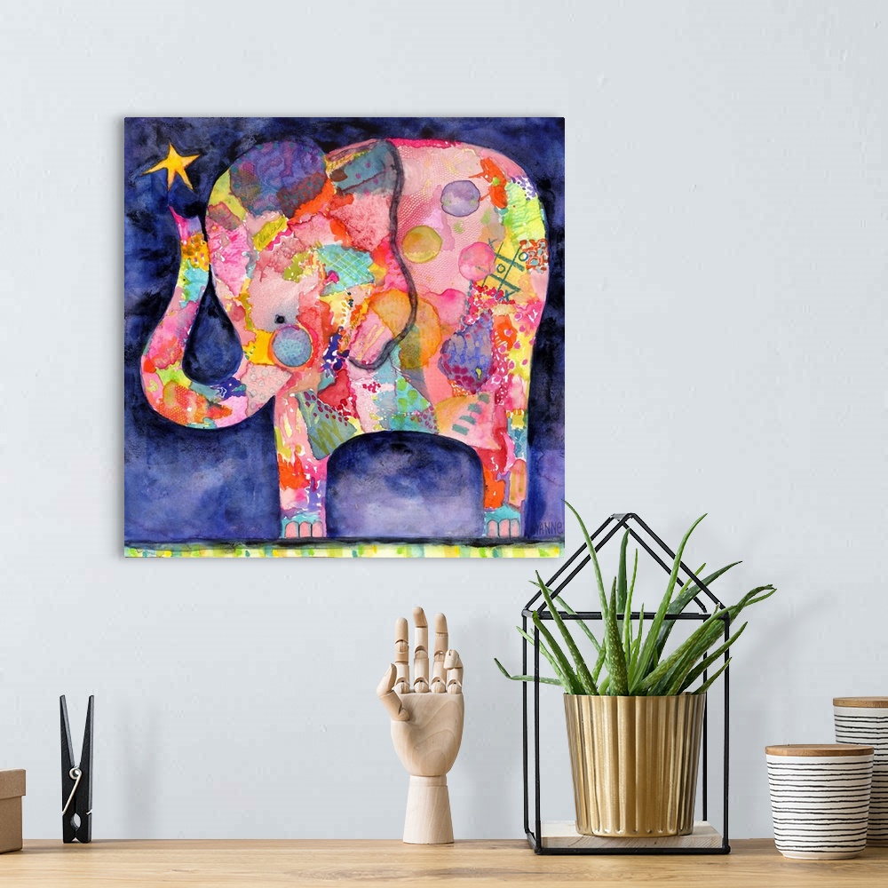 A bohemian room featuring Painting of a colorful elephant with a star above it's trunk.