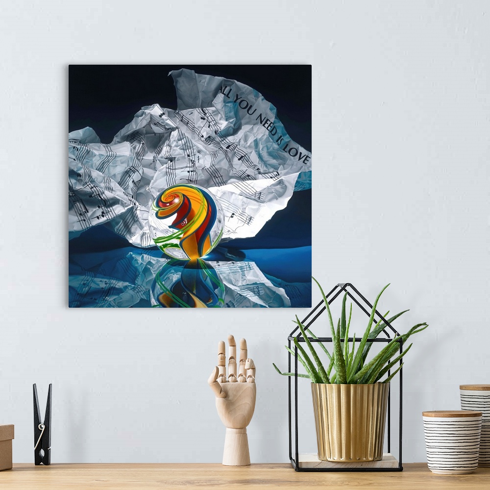 A bohemian room featuring Contemporary vivid realistic still-life painting of a marble with a swirl of color inside it with...