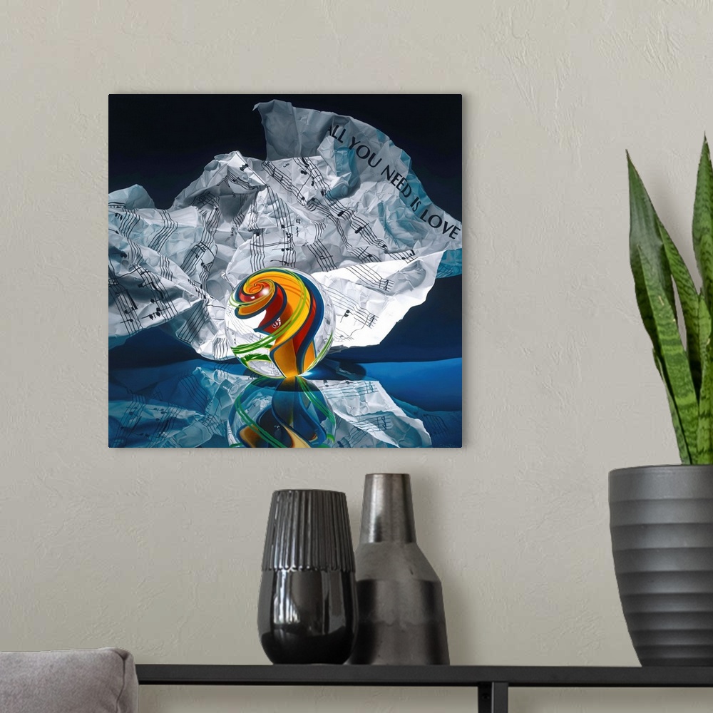 A modern room featuring Contemporary vivid realistic still-life painting of a marble with a swirl of color inside it with...
