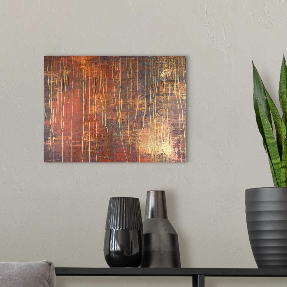 A modern room featuring Contemporary abstract painting resembling rust.