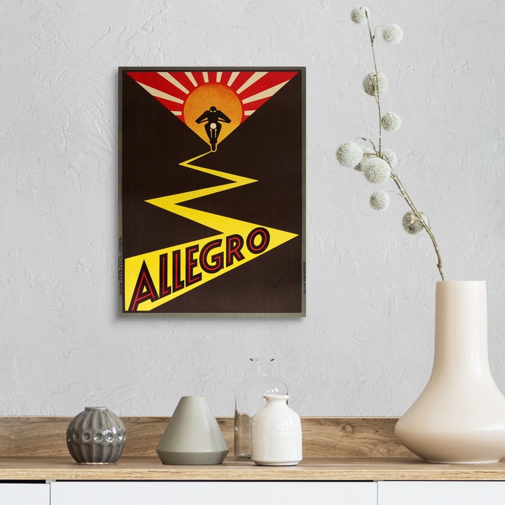 A farmhouse room featuring Vintage advertisement artwork for Allegro motorcycles.