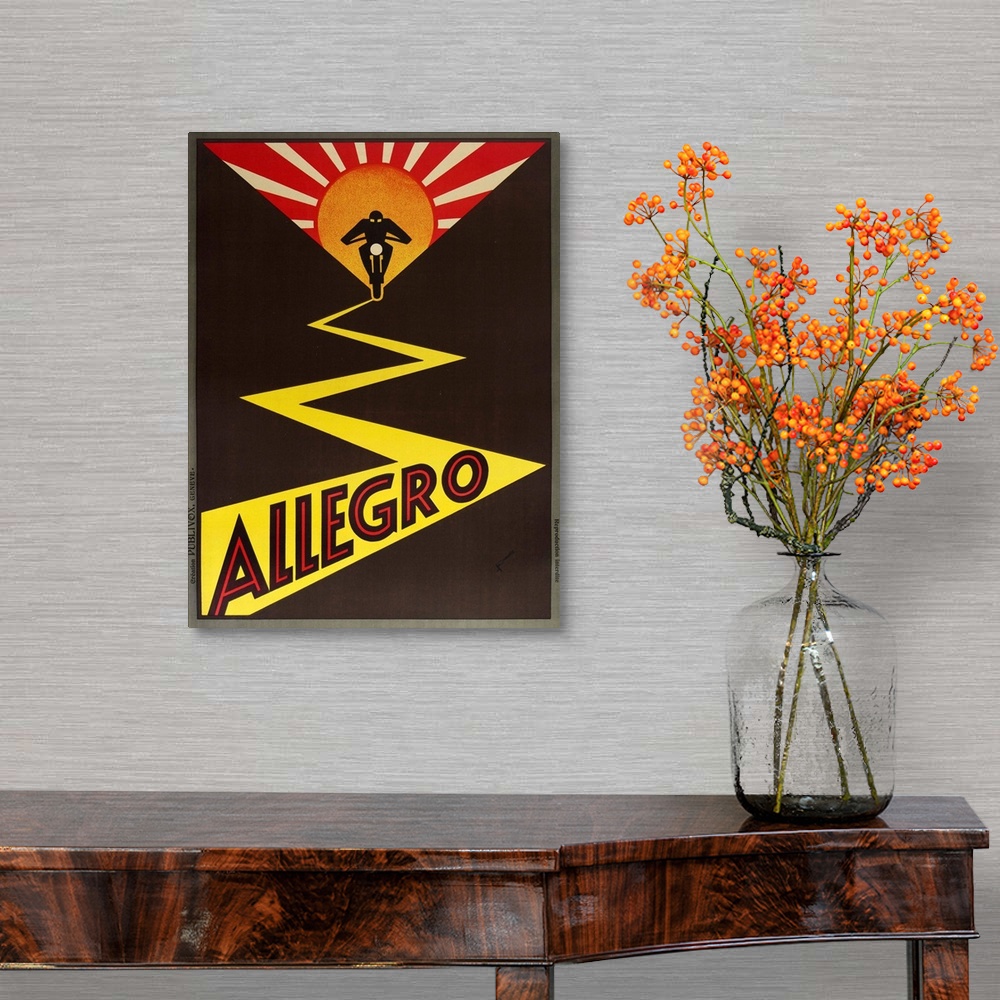 A traditional room featuring Vintage advertisement artwork for Allegro motorcycles.