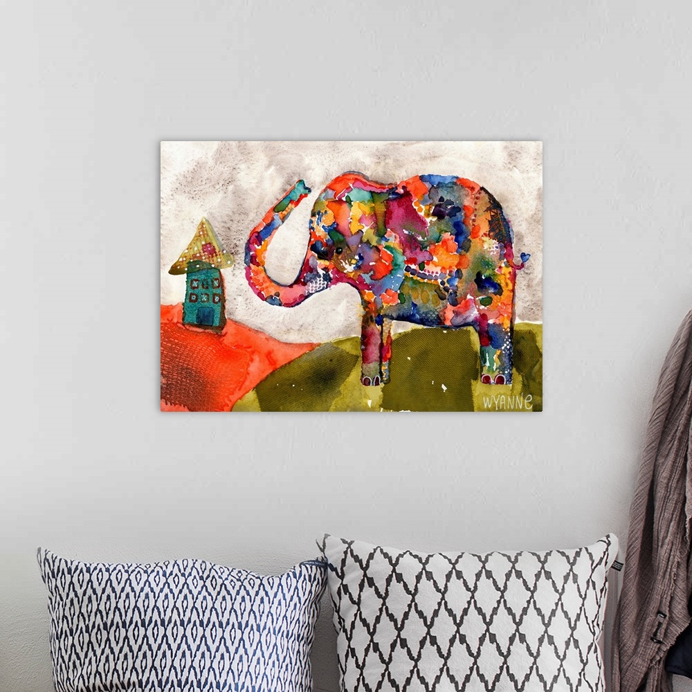 A bohemian room featuring A colorful elephant waving to a house on a hill.