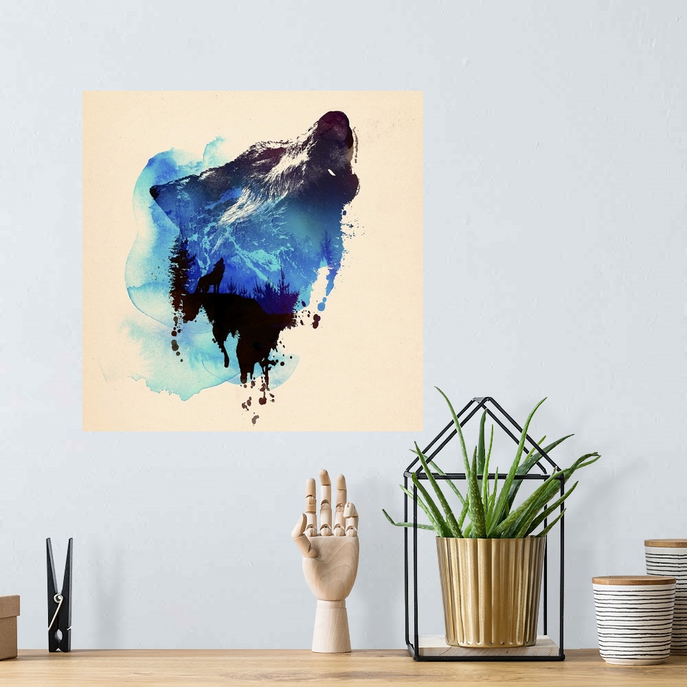 A bohemian room featuring Contemporary artwork of a howling wolf with the silhouette of wolf withing the image.