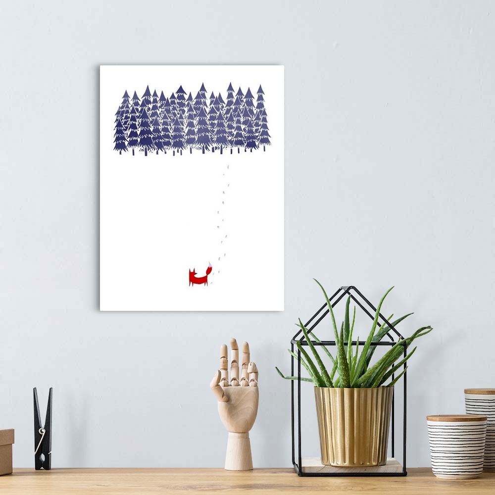A bohemian room featuring Contemporary artwork of a red fox in a white environment looking at a thicket of trees.