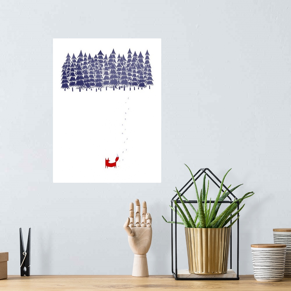 A bohemian room featuring Contemporary artwork of a red fox in a white environment looking at a thicket of trees.
