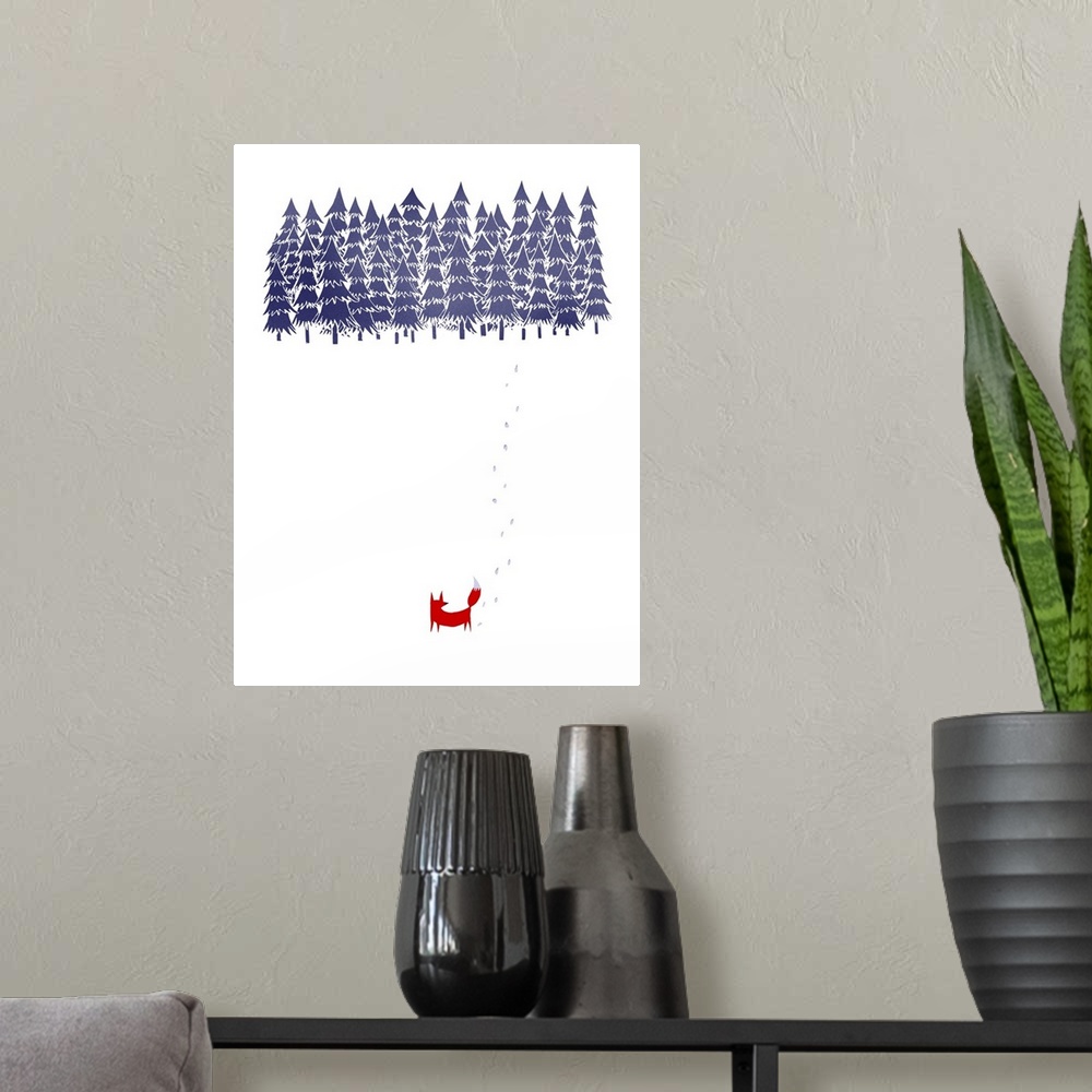 A modern room featuring Contemporary artwork of a red fox in a white environment looking at a thicket of trees.