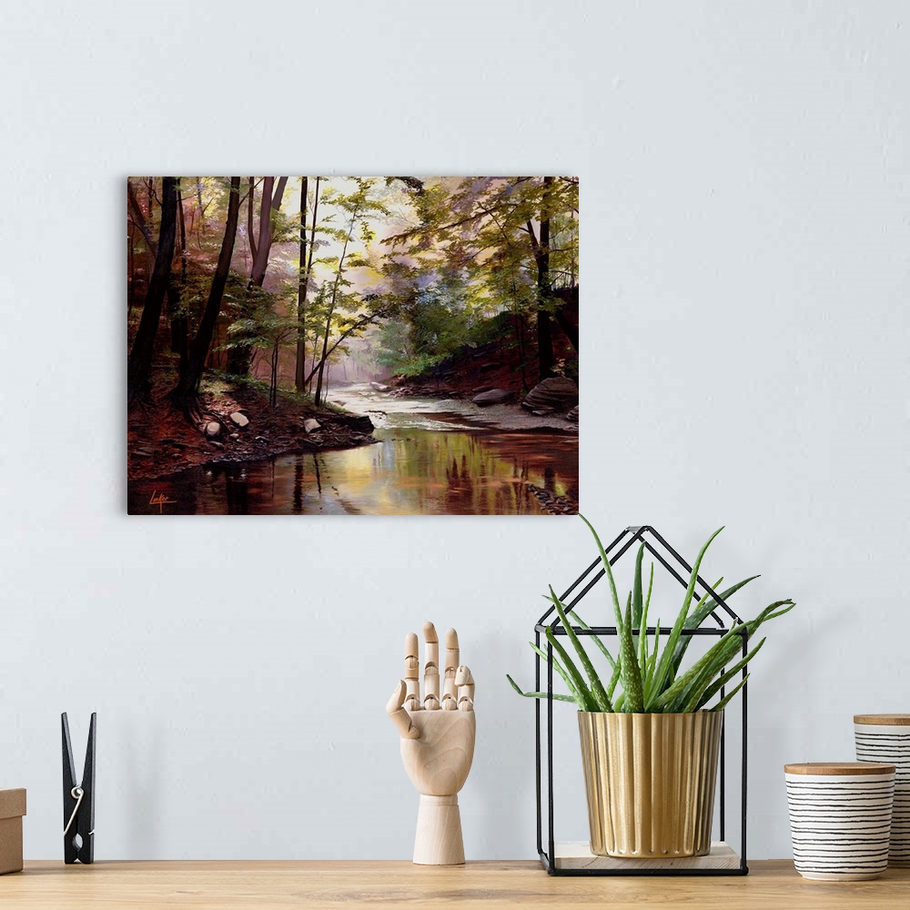 A bohemian room featuring Contemporary painting of a river passing through a forest.