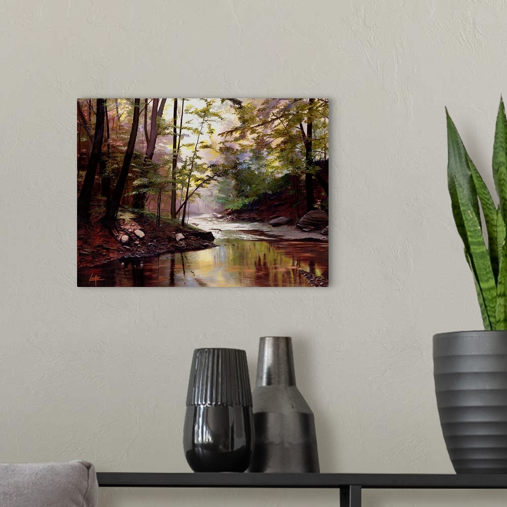 A modern room featuring Contemporary painting of a river passing through a forest.