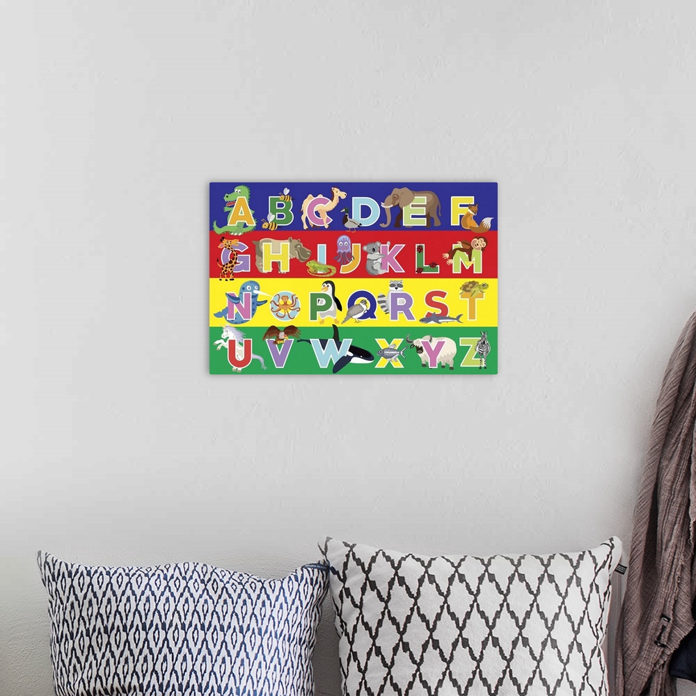 A bohemian room featuring Children's alphabet with cute animals for each letter.