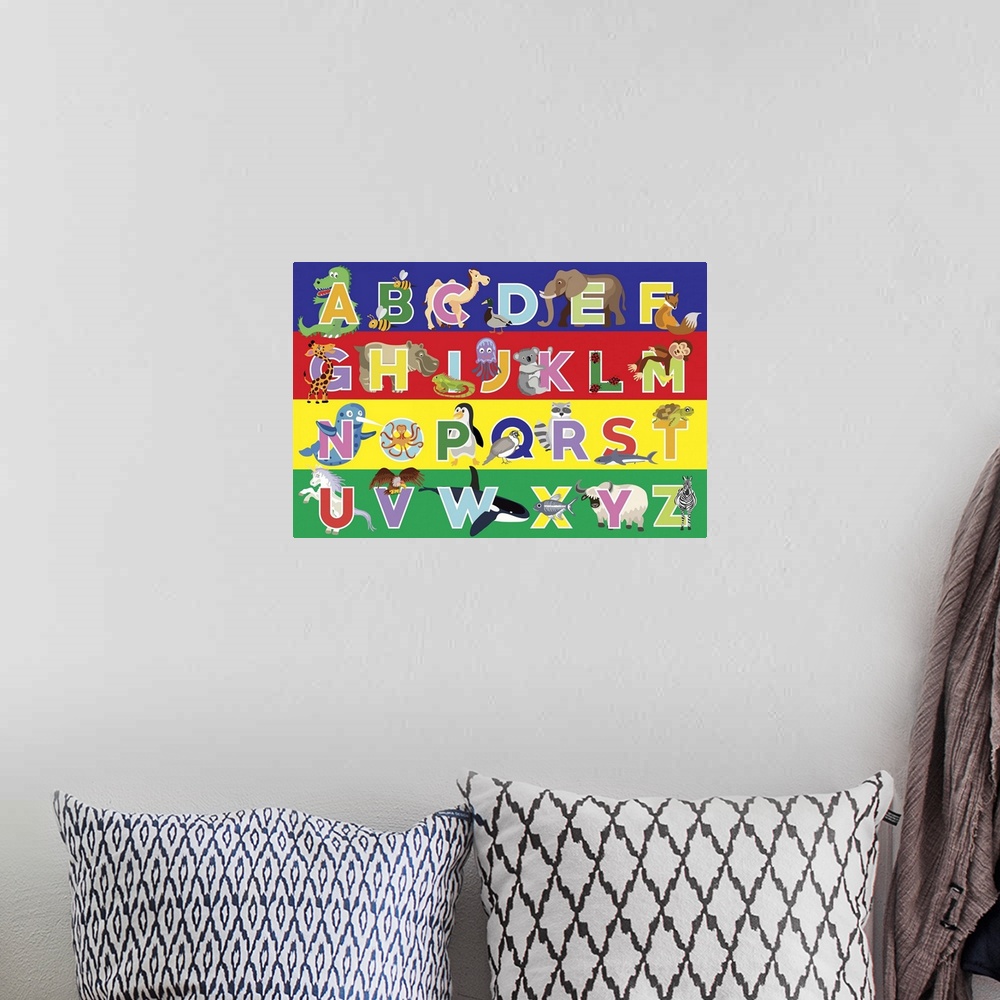 A bohemian room featuring Children's alphabet with cute animals for each letter.
