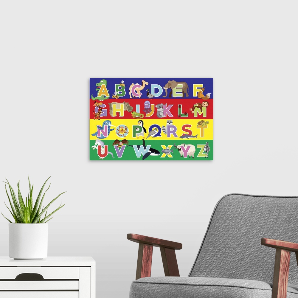 A modern room featuring Children's alphabet with cute animals for each letter.