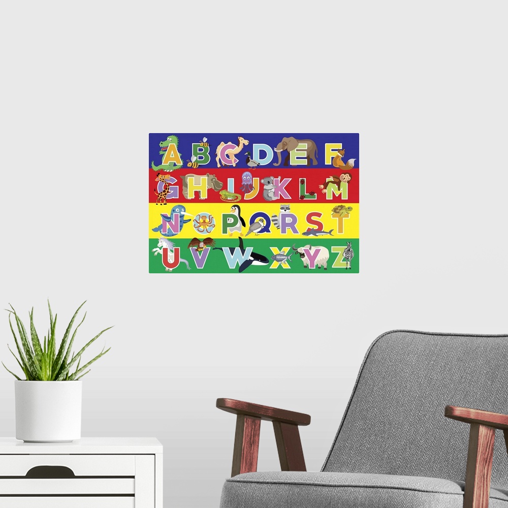 A modern room featuring Children's alphabet with cute animals for each letter.