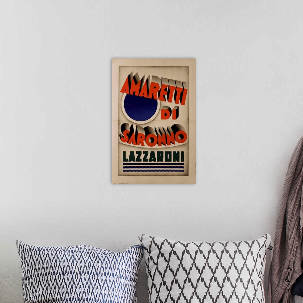 A bohemian room featuring Vintage poster advertisement for Amaretti.