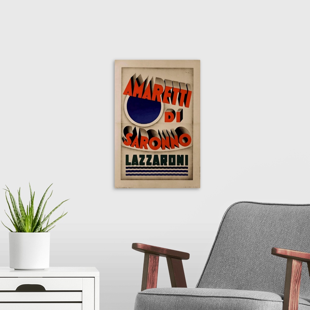 A modern room featuring Vintage poster advertisement for Amaretti.