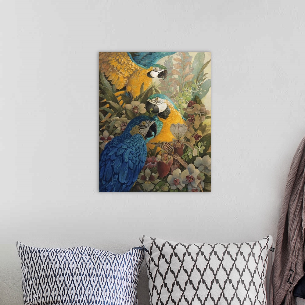 A bohemian room featuring Three blue and gold macaws among rainforest flowers in the Amazon.