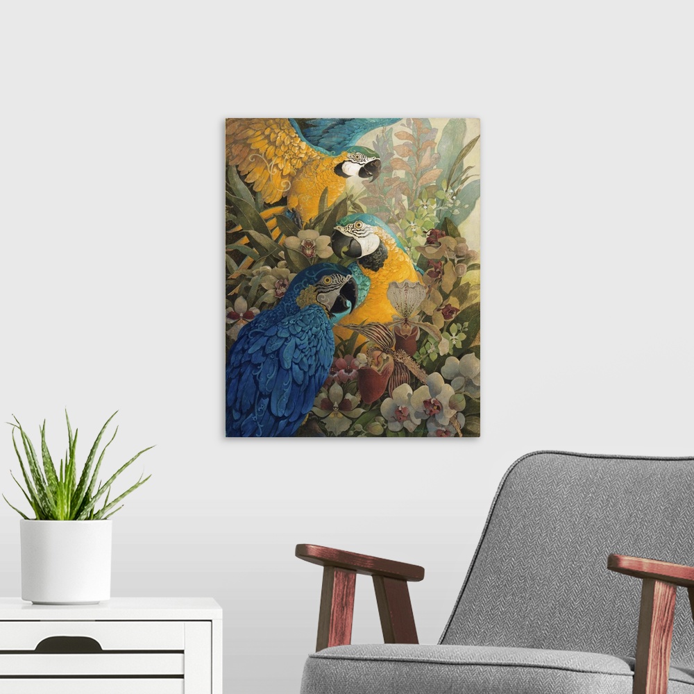 A modern room featuring Three blue and gold macaws among rainforest flowers in the Amazon.