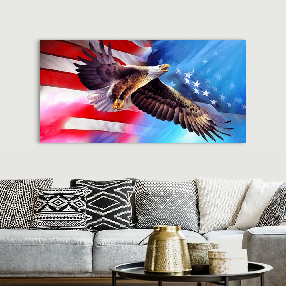 A bohemian room featuring American Eagle Flag