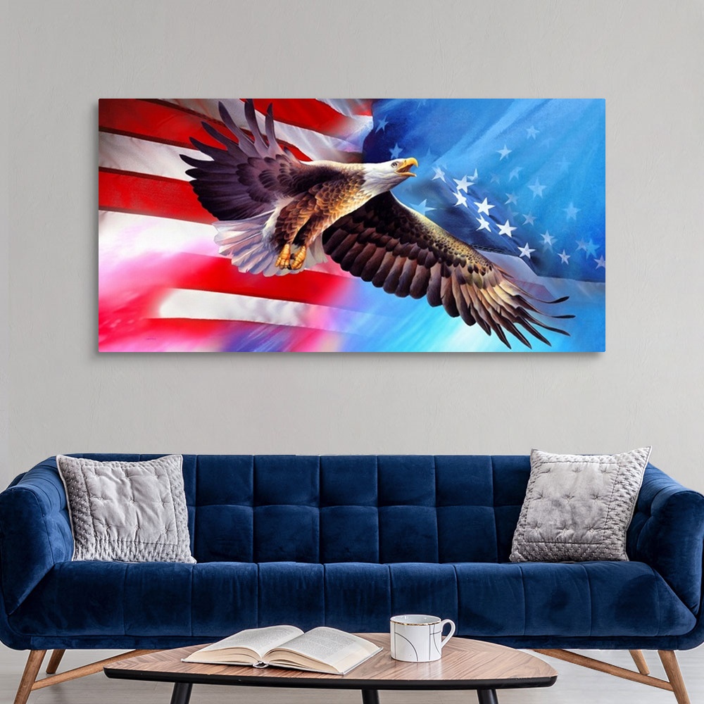 A modern room featuring American Eagle Flag