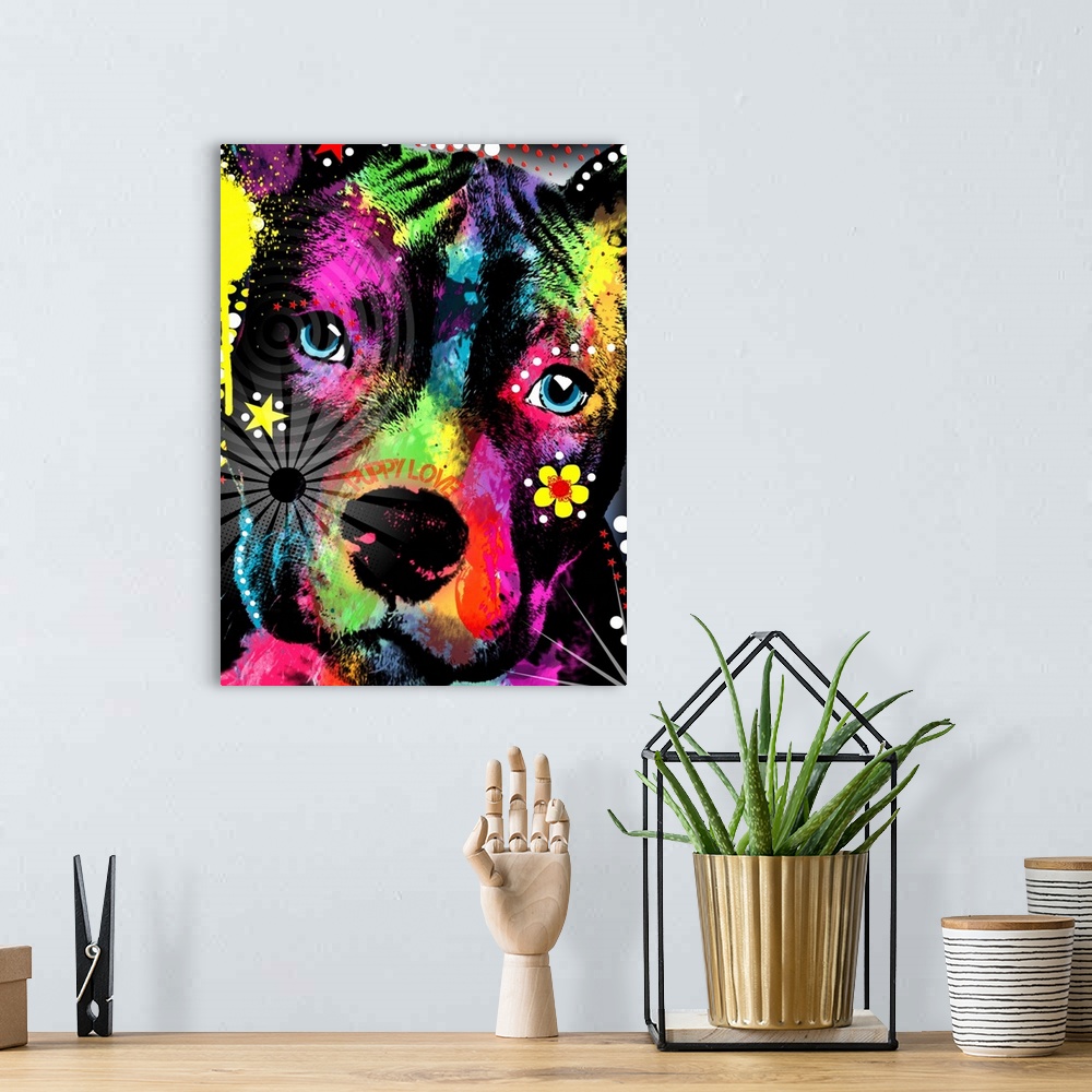 A bohemian room featuring Contemporary artwork of an American Pit Bull colored in an array of bright and vibrant colors.