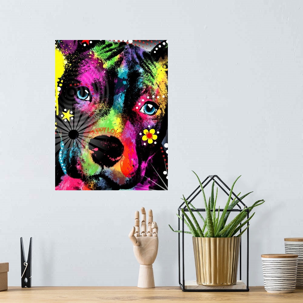 A bohemian room featuring Contemporary artwork of an American Pit Bull colored in an array of bright and vibrant colors.