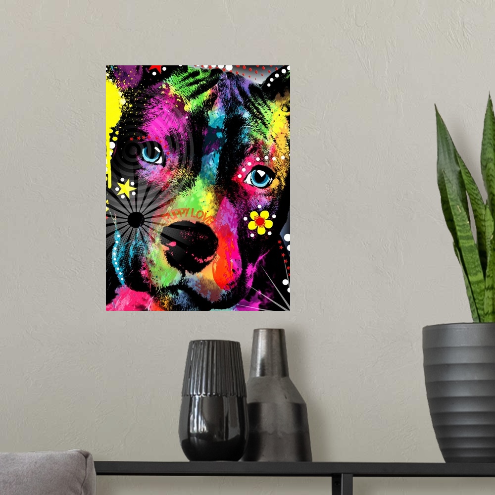 A modern room featuring Contemporary artwork of an American Pit Bull colored in an array of bright and vibrant colors.